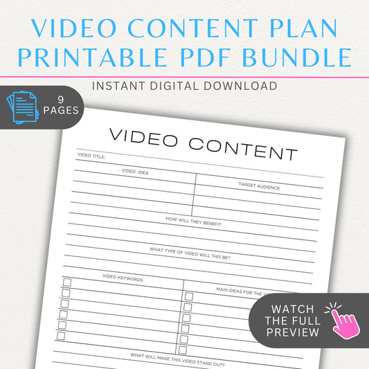 Video Content Planner Printable PDF Template Bundle with 9 pages for video planning, tracking, and scheduling.

