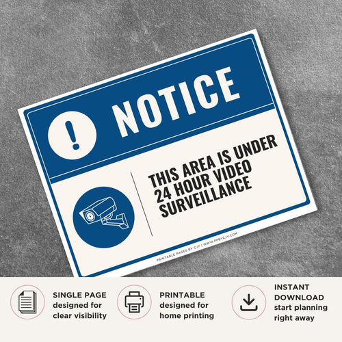 Printable This Area Is Under 24 Hour Video Surveillance sign featuring a professional blue notice design, security camera icon, and surveillance message for retail stores, offices, warehouses, parking areas, and commercial properties.