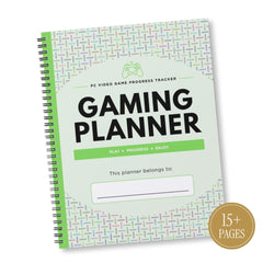 A spiral-bound gaming progress tracker planner with a mint green cover, featuring the title 'GAMING PLANNER' in bold black letters and a gold circular badge that reads '15+ PAGES'.