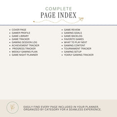 A page index overview for a gaming planner, showing a list of included pages such as cover page, gamer profile, game library, game tracker, game review, goals, backlog, favorite games, session log, achievement tracker, weekly gaming plan, yearly gaming tracker, and a note about organizing included pages by category.