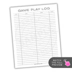 Game play log sheet with columns for date, game, genre, and hours played on a white background.