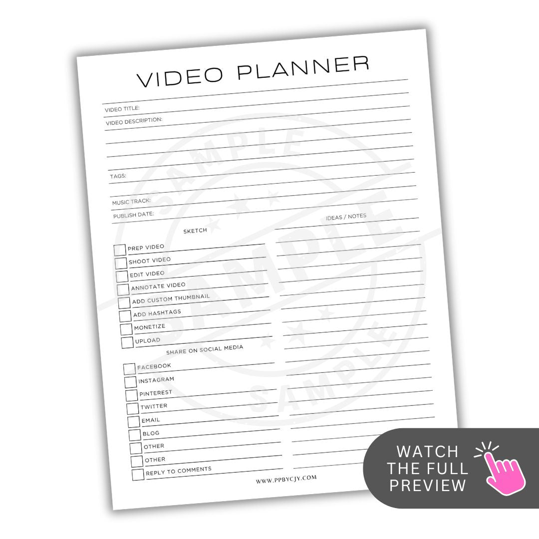 Video planner sheet with various columns on a white background