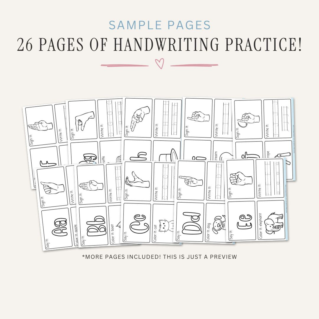 Alphabet Worksheets printable letter writing practice bundle with tracing coloring and ASL sign language activities
 sample pages
