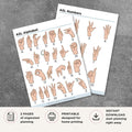 Printable ASL alphabet and numbers reference sheet featuring American Sign Language hand signs for letters A through Z and numbers 1 through 10