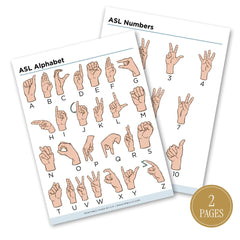 Printable ASL alphabet and numbers reference sheet featuring American Sign Language hand signs for letters A through Z and numbers 1 through 10