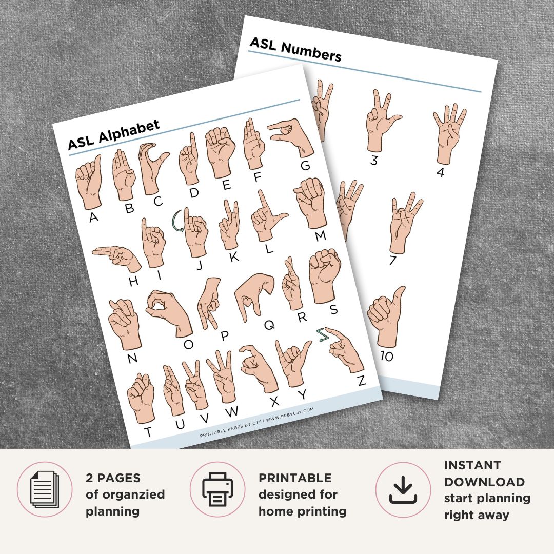 Printable ASL alphabet and numbers reference sheet featuring American Sign Language hand signs for letters A through Z and numbers 1 through 10