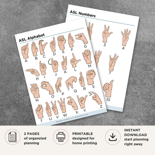 Printable ASL alphabet and numbers reference sheet featuring American Sign Language hand signs for letters A through Z and numbers 1 through 10