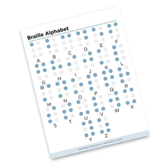 Printable Braille alphabet reference sheet showing letters A through Z with corresponding Braille symbols

