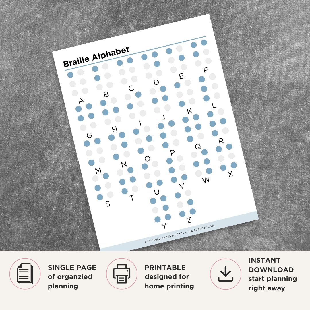 Printable Braille alphabet reference sheet showing letters A through Z with corresponding Braille symbols
