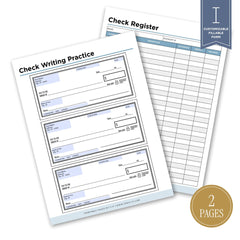 Printable personalized check writing practice worksheet with customizable checks and check register for financial literacy education
