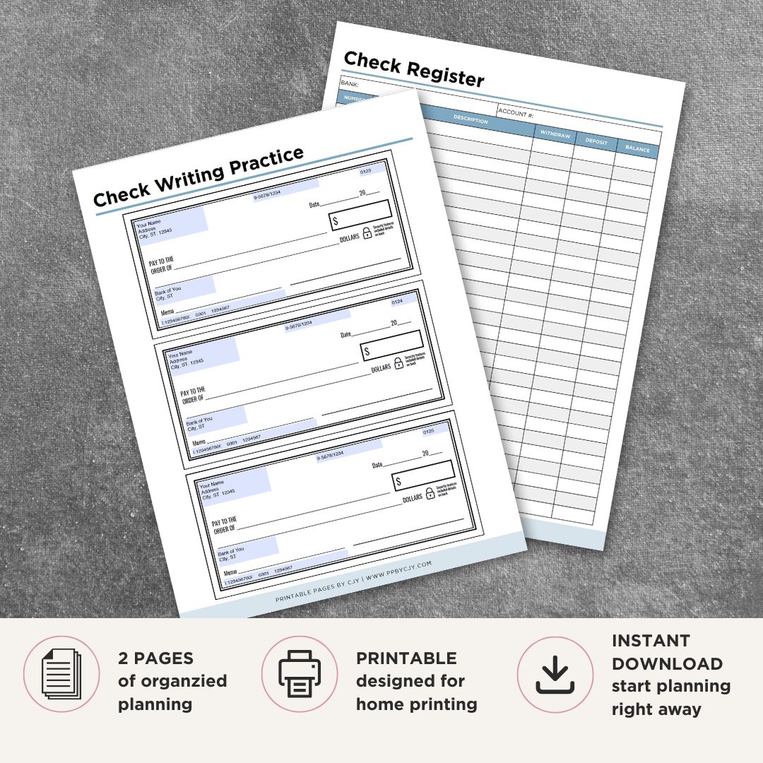 Printable personalized check writing practice worksheet with customizable checks and check register for financial literacy education
