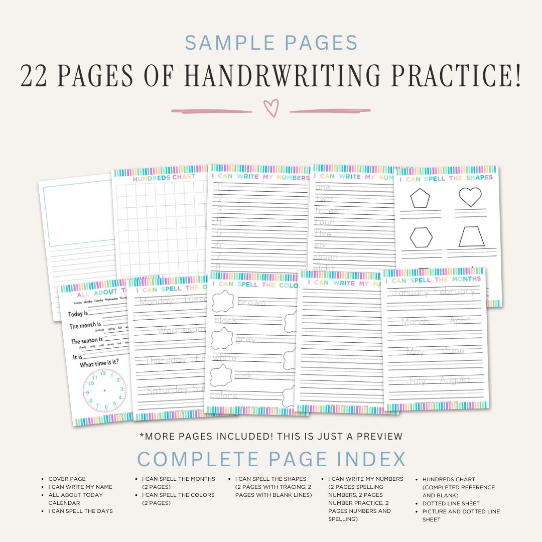 Early Learning Worksheets printable preschool education bundle with handwriting practice numbers shapes colors and calendar activities
