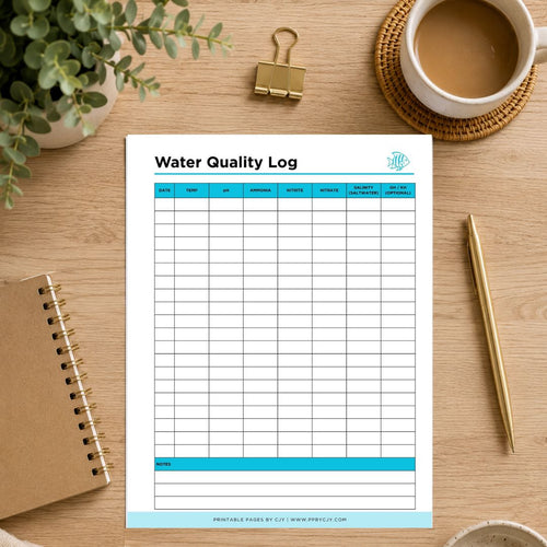 A printable Water Quality Log sheet displayed on a wooden desk flat-lay with a coffee cup, plant, binder clip, notebook, pen, and coaster.