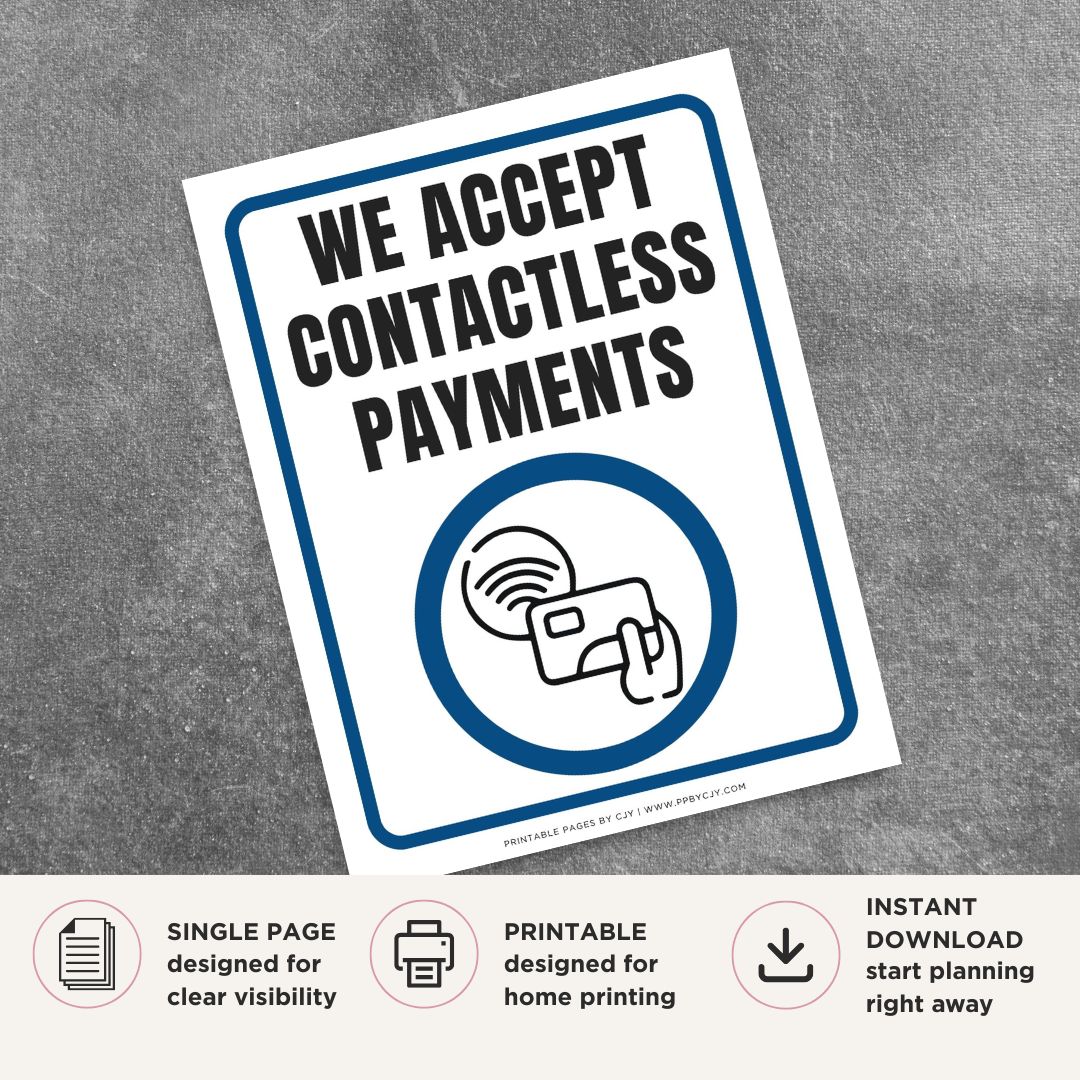 Printable We Accept Contactless Payments sign featuring a clean professional design and payment method message for retail stores, restaurants, cafés, offices, and commercial businesses.