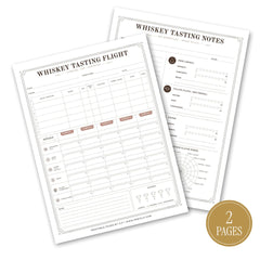 Two printable whiskey tasting notes sheets shown on a white background, with a gold circular badge reading '2 PAGES'. The sheets are labeled 'WHISKEY TASTING NOTES' and include fields for date, location, temperature, aroma, flavor, and rating scales.