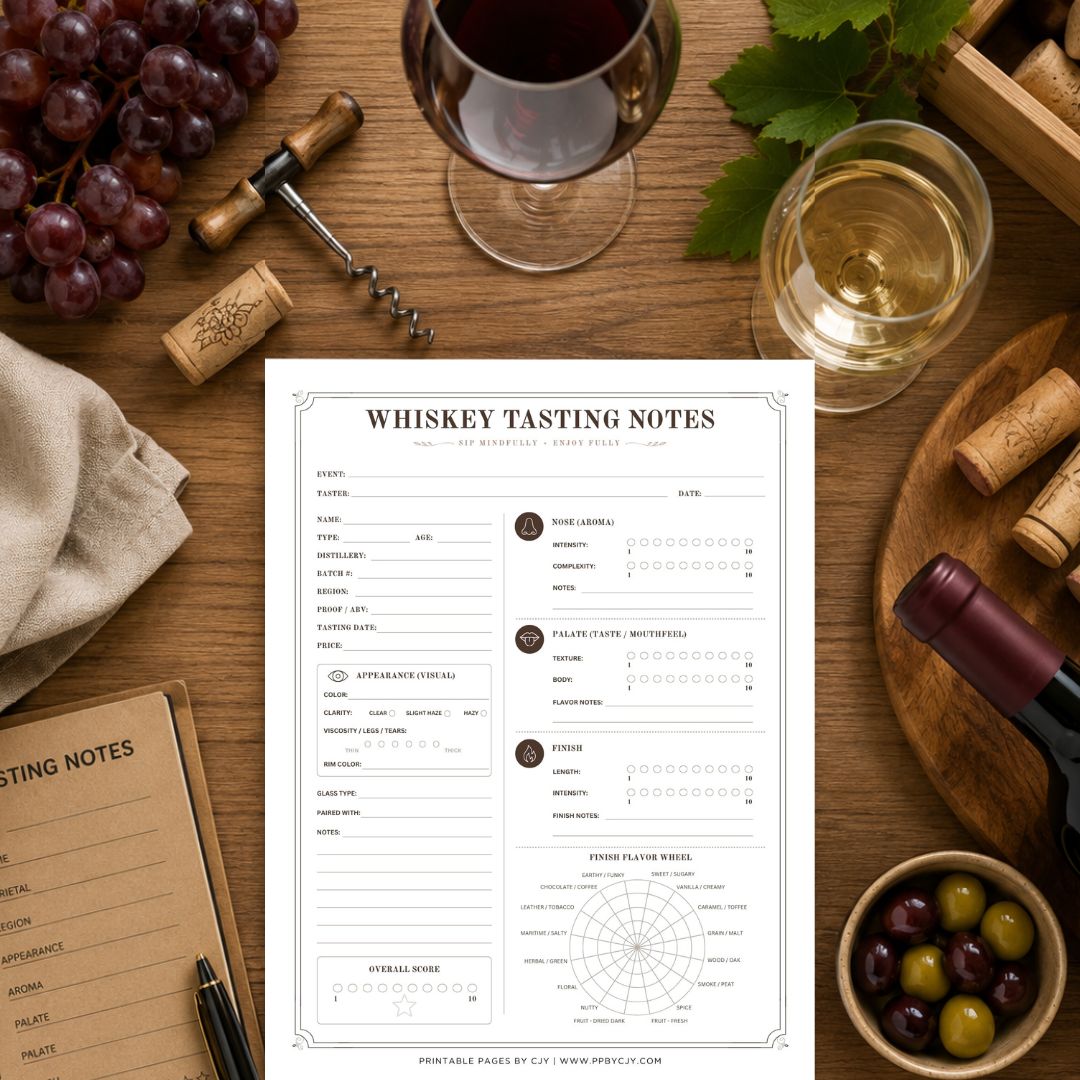 A whiskey tasting notes template sheet is displayed on a rustic wooden table surrounded by wine glasses, grapes, olives, corks, and a wine bottle, suggesting a wine and coffee pairing theme.