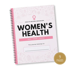 A spiral-bound health record organizer notebook titled 'WOMEN'S HEALTH' with a pink cover, shown at an angle on a white background with a gold '9 PAGES' badge in the lower right corner.