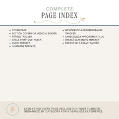 A product listing graphic for a 'Complete Page Index' planner insert, showing a list of included trackers and sections on a light beige background.