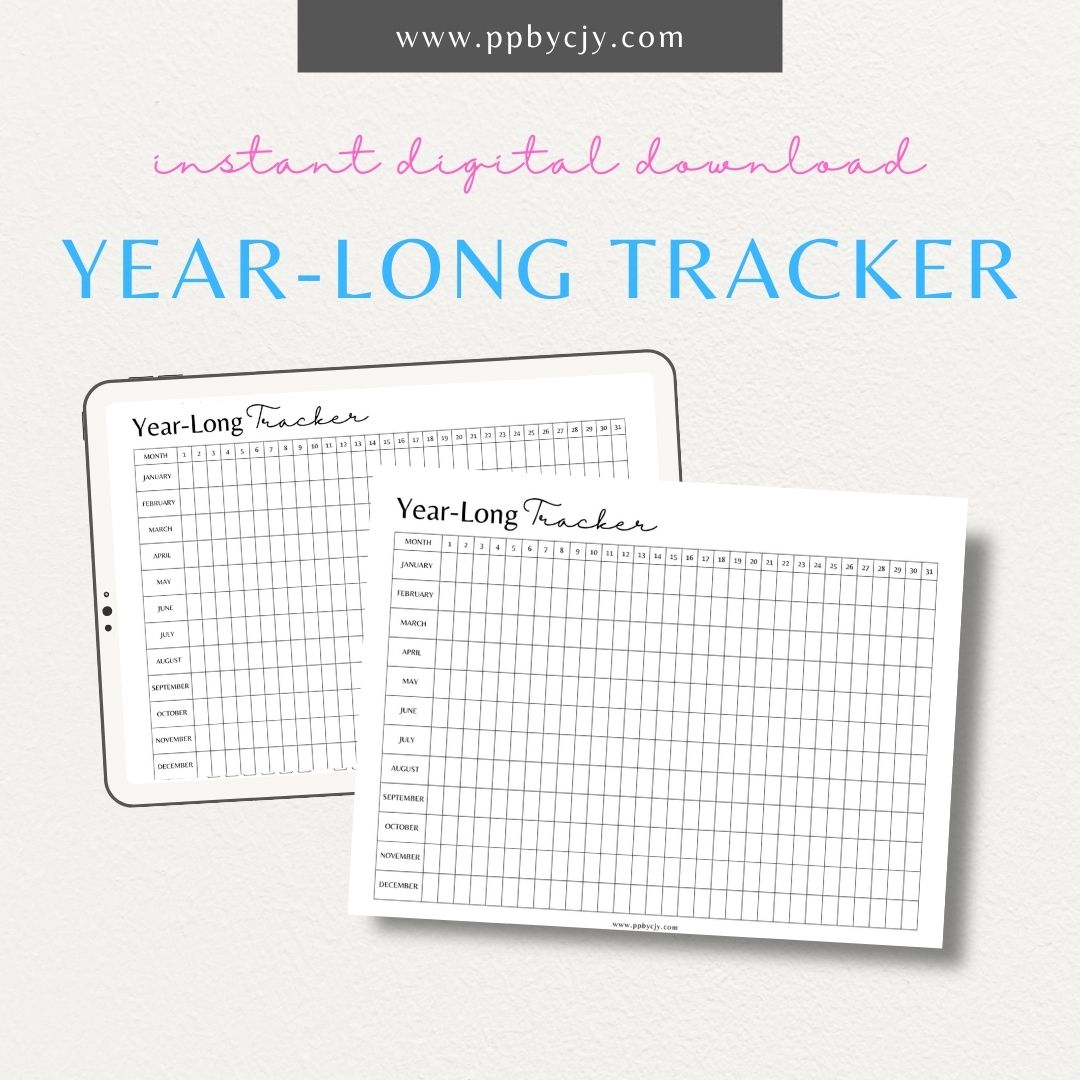 Year-Long Tracker Printable PDF Template for tracking habits, goals, and progress over an entire year

