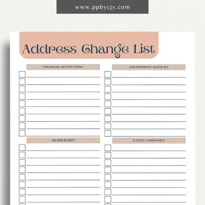 Address Change Checklist Printable Template – Digital Download for Organizing and Tracking Your Address Change Process