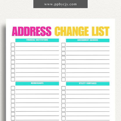 Address Change Checklist Printable Template – Digital Download for Organizing and Tracking Your Address Change Process