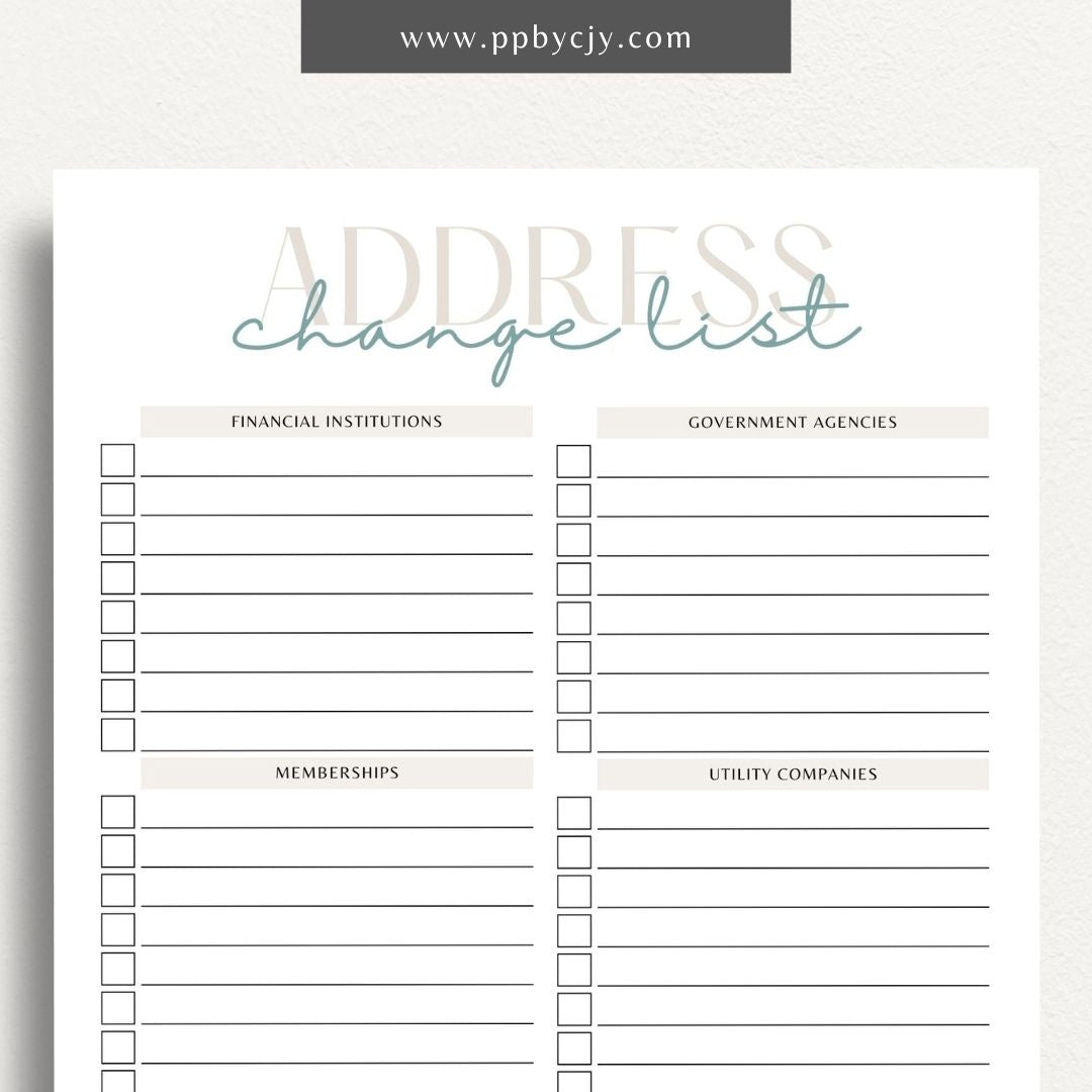 Address Change Checklist Printable Template – Digital Download for Organizing and Tracking Your Address Change Process