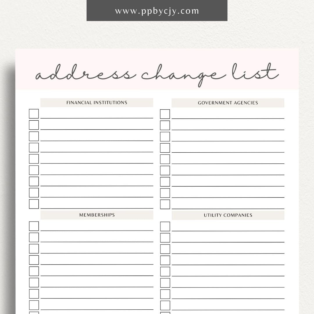 Address Change Checklist Printable Template – Digital Download for Organizing and Tracking Your Address Change Process