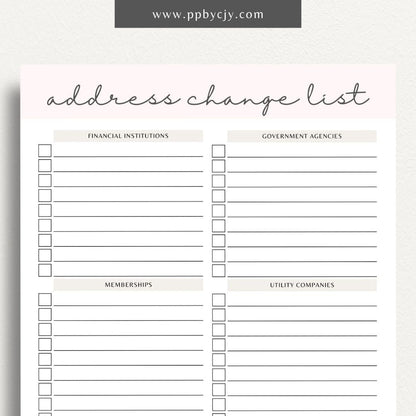 Address Change Checklist Printable Template – Digital Download for Organizing and Tracking Your Address Change Process