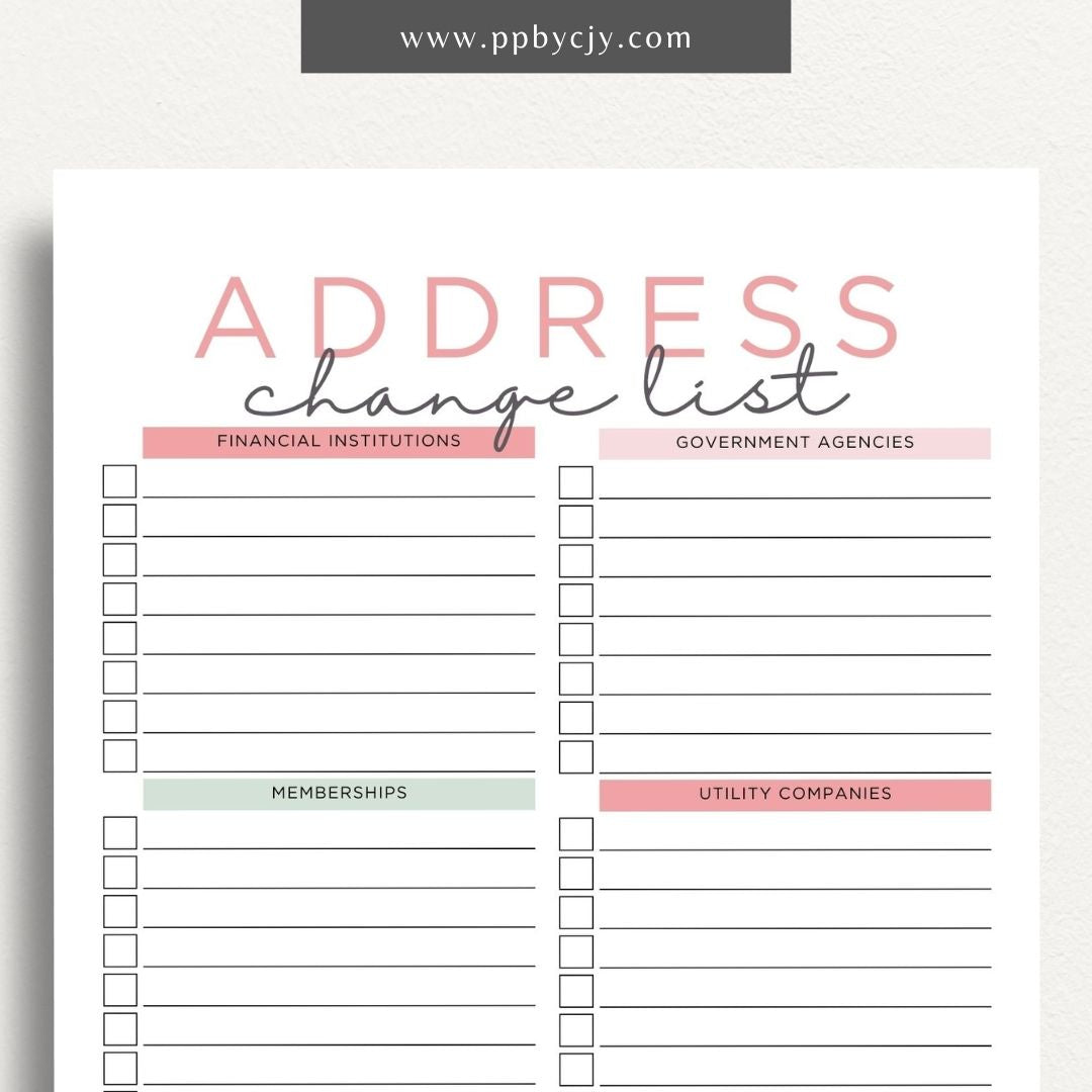 Address Change Checklist Printable Template – Digital Download for Organizing and Tracking Your Address Change Process