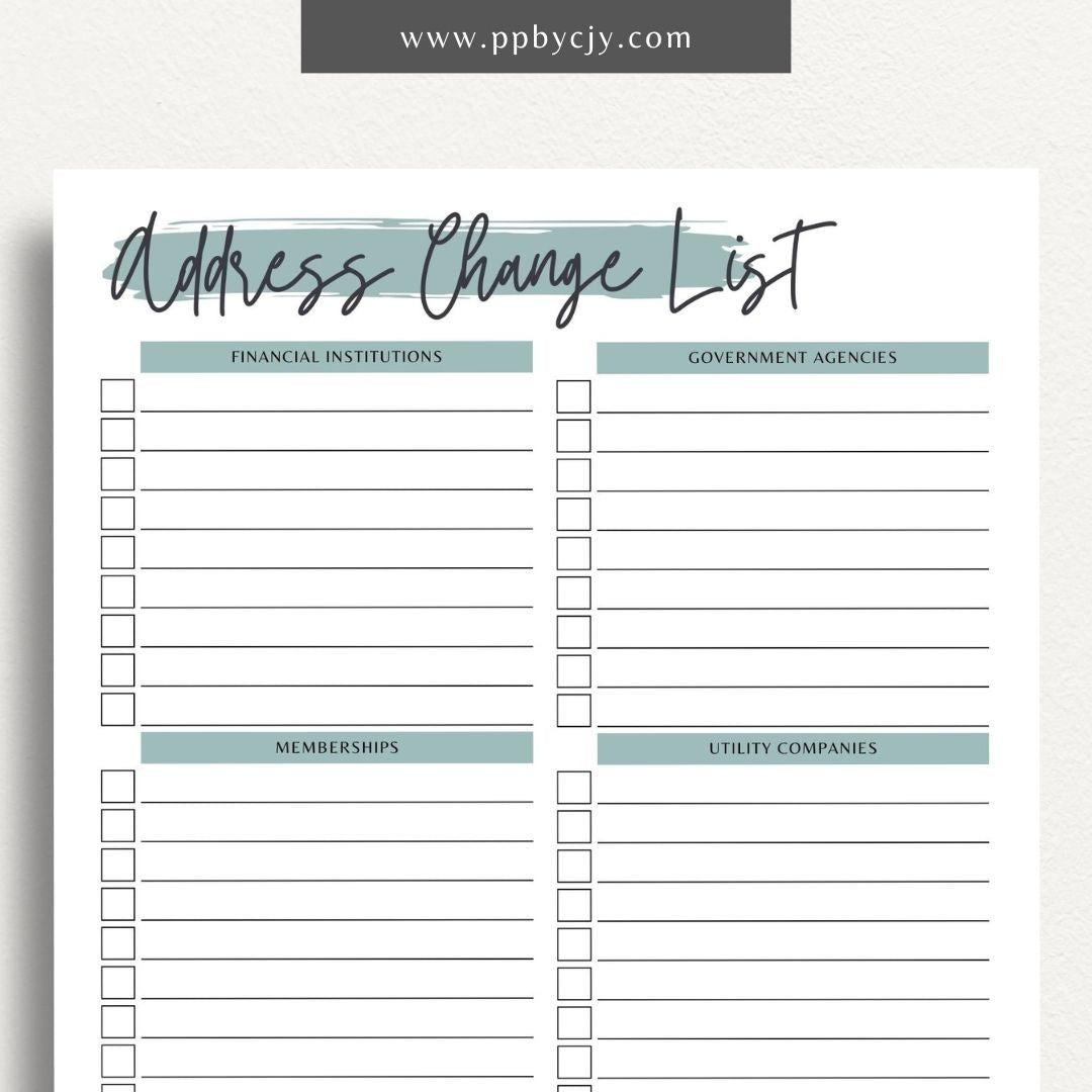 Address Change Checklist Printable Template – Digital Download for Organizing and Tracking Your Address Change Process