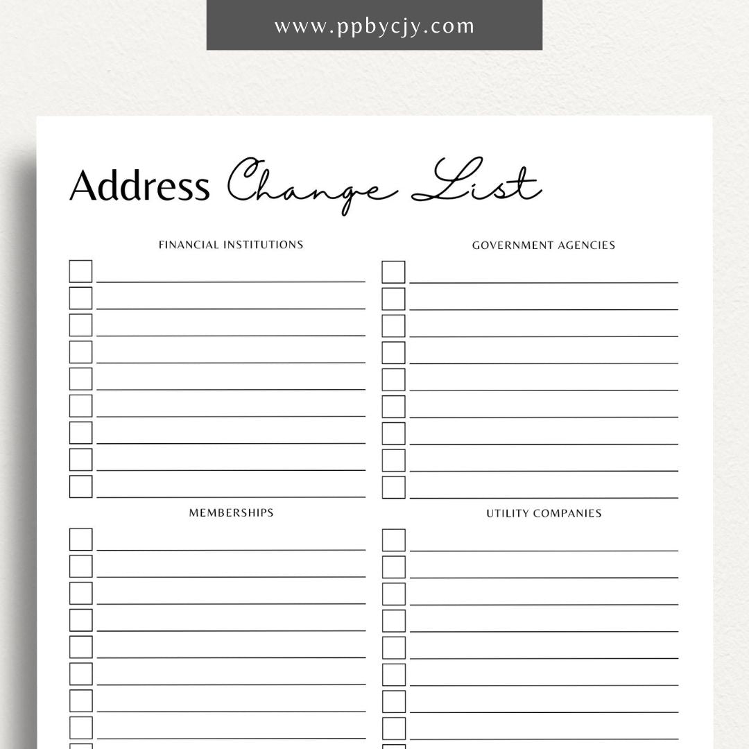 Address Change Checklist Printable Template – Digital Download for Organizing and Tracking Your Address Change Process