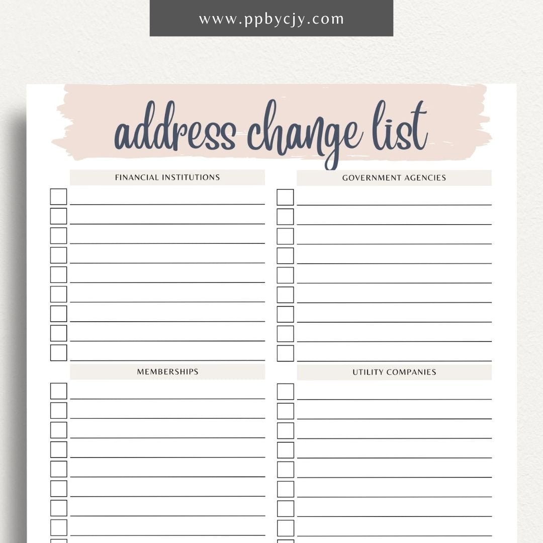 Address Change Checklist Printable Template – Digital Download for Organizing and Tracking Your Address Change Process