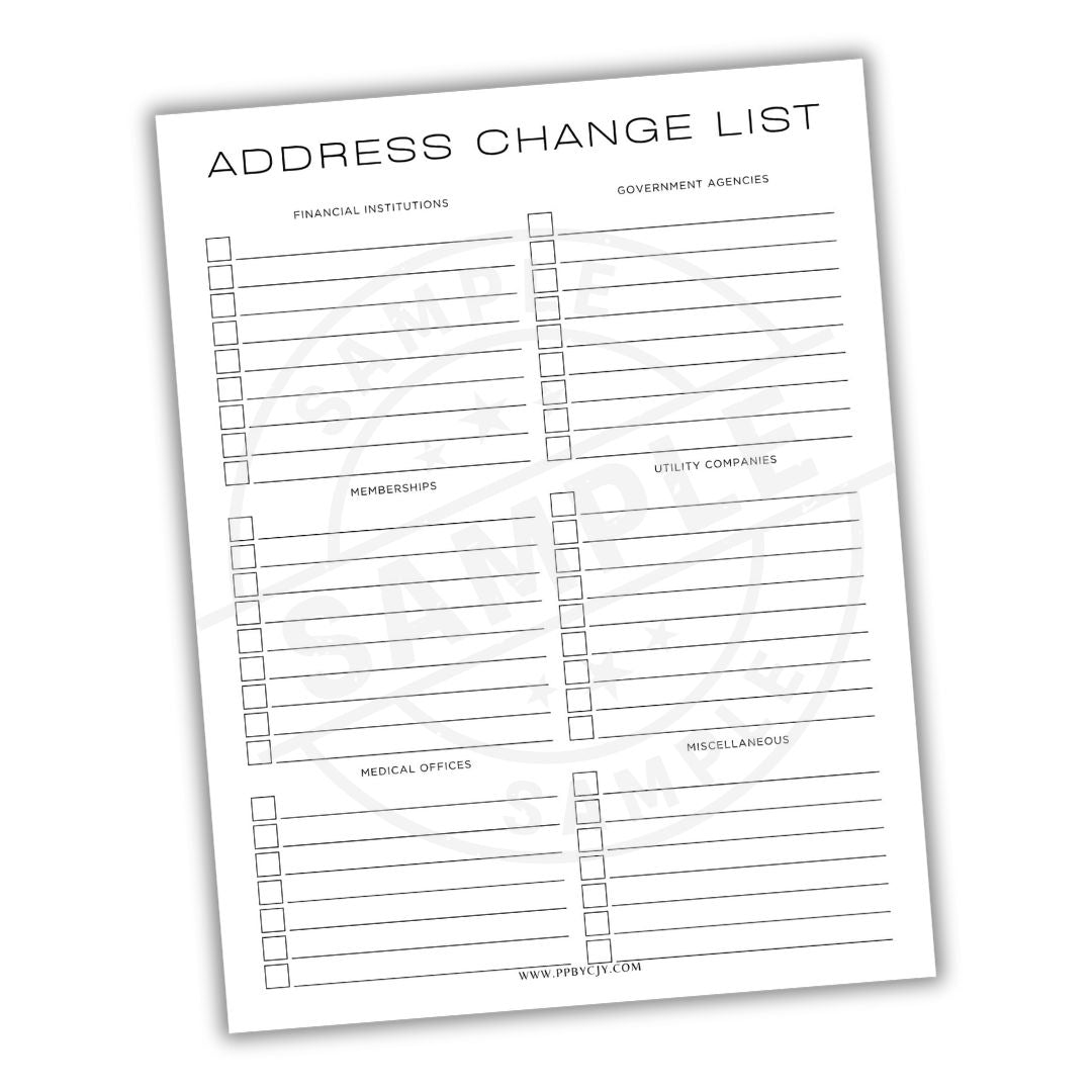 Address change list form with columns for different types of institutions on a white background