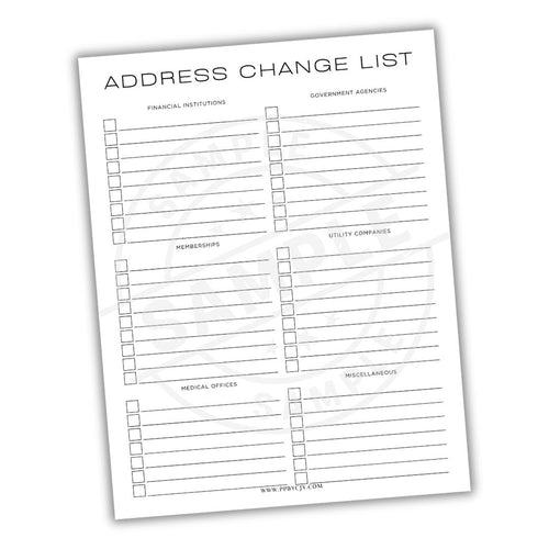 Address change list form with columns for different types of institutions on a white background