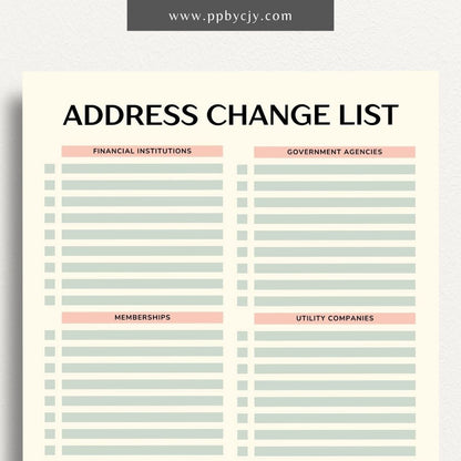 Address Change Checklist Printable Template – Digital Download for Organizing and Tracking Your Address Change Process