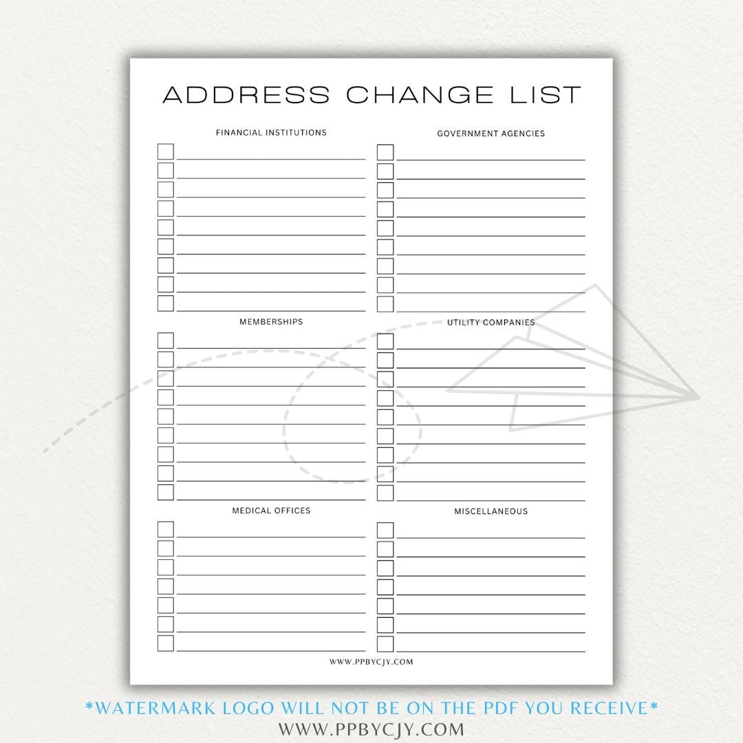 Address Change Tracker List Printable PDF Template with sections for businesses, utilities, subscriptions, and personal contacts.

