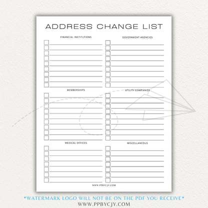 Address Change Tracker List Printable PDF Template with sections for businesses, utilities, subscriptions, and personal contacts.

