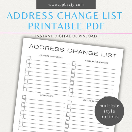 Address Change Tracker List Printable PDF Template with sections for businesses, utilities, subscriptions, and personal contacts.

