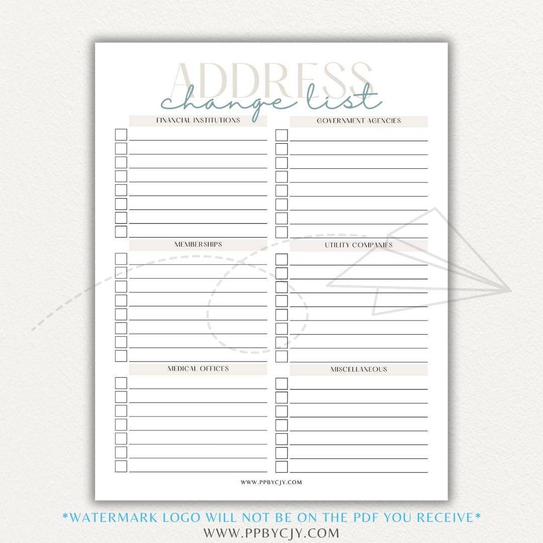 Address Change Tracker List Printable PDF Template with sections for businesses, utilities, subscriptions, and personal contacts.

