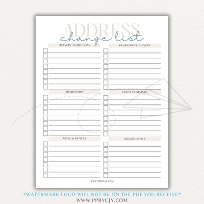 Address Change Tracker List Printable PDF Template with sections for businesses, utilities, subscriptions, and personal contacts.

