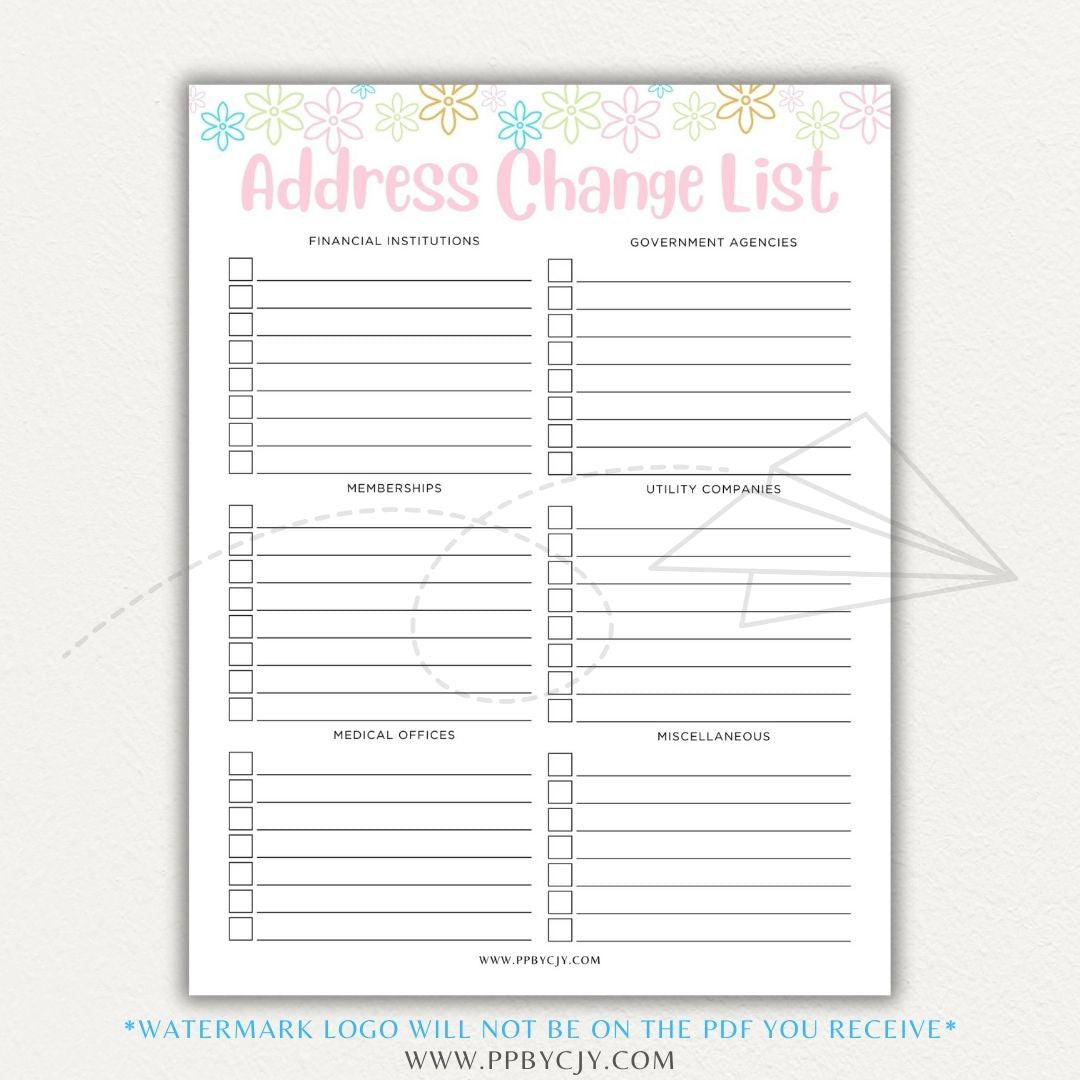 Address Change Tracker List Printable PDF Template with sections for businesses, utilities, subscriptions, and personal contacts.

