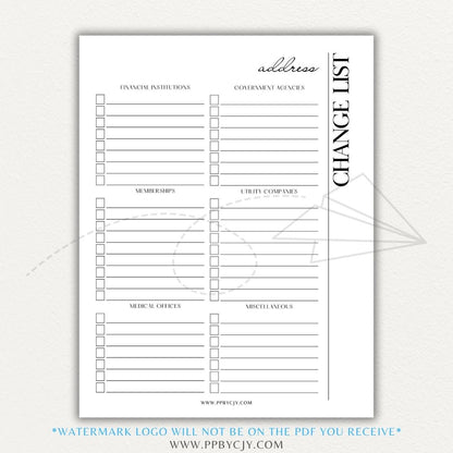 Address Change Tracker List Printable PDF Template with sections for businesses, utilities, subscriptions, and personal contacts.

