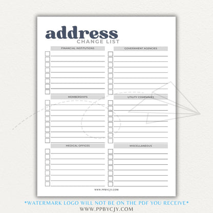 Address Change Tracker List Printable PDF Template with sections for businesses, utilities, subscriptions, and personal contacts.

