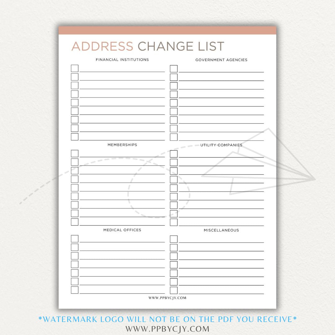 Address Change Tracker List Printable PDF Template with sections for businesses, utilities, subscriptions, and personal contacts.

