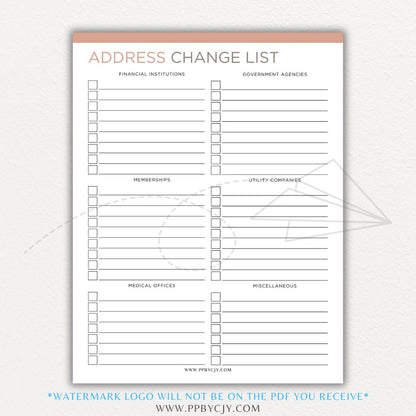 Address Change Tracker List Printable PDF Template with sections for businesses, utilities, subscriptions, and personal contacts.

