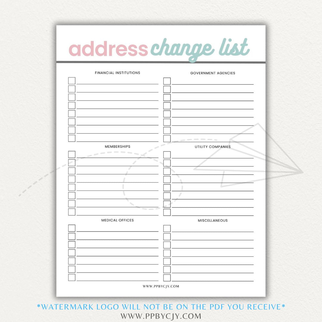 Address Change Tracker List Printable PDF Template with sections for businesses, utilities, subscriptions, and personal contacts.

