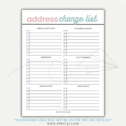 Address Change Tracker List Printable PDF Template with sections for businesses, utilities, subscriptions, and personal contacts.

