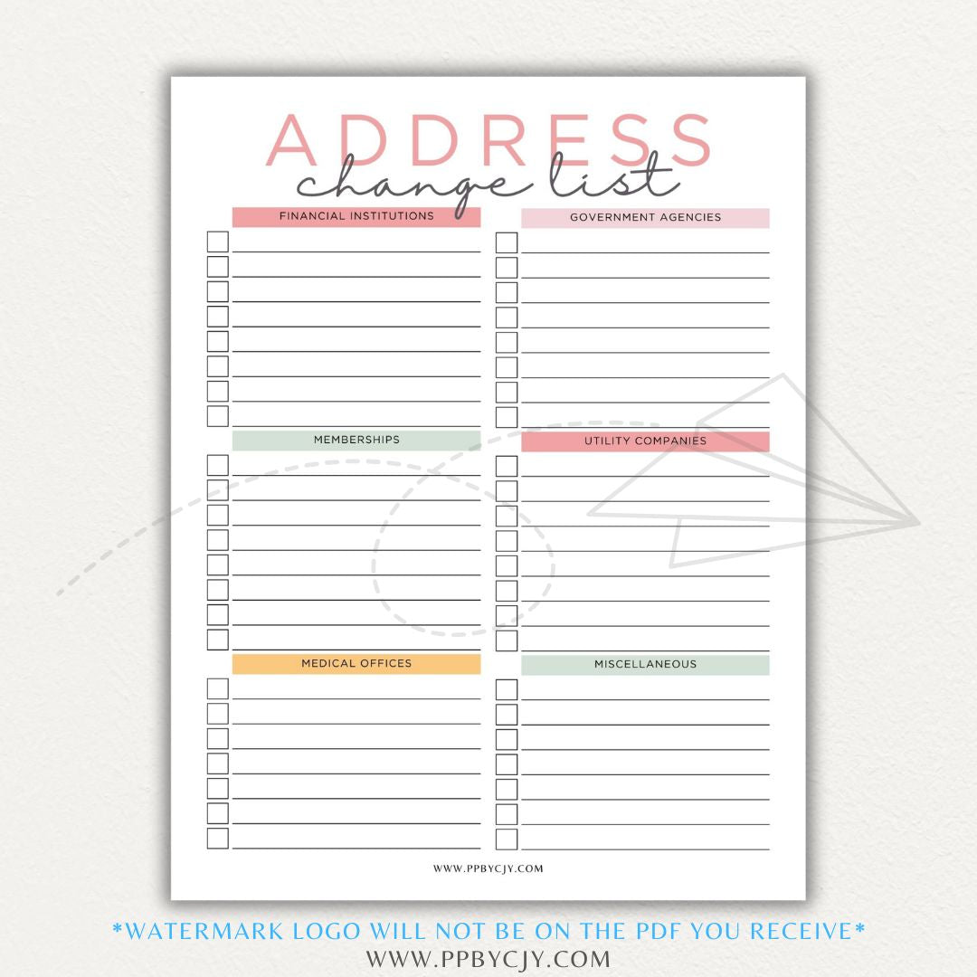 Address Change Tracker List Printable PDF Template with sections for businesses, utilities, subscriptions, and personal contacts.

