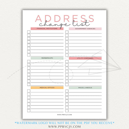 Address Change Tracker List Printable PDF Template with sections for businesses, utilities, subscriptions, and personal contacts.

