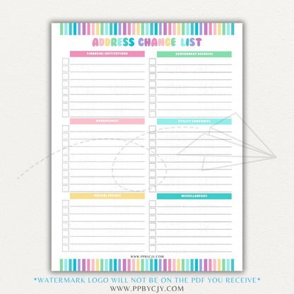 Address Change Tracker List Printable PDF Template with sections for businesses, utilities, subscriptions, and personal contacts.

